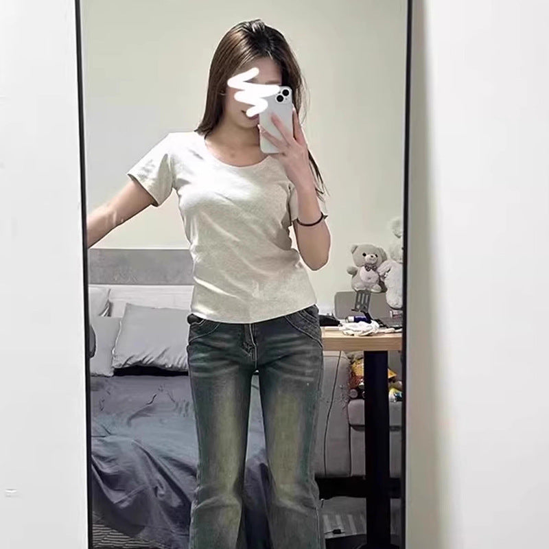 A simple straight-shoulder V-neck base layer top