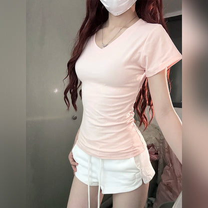 A simple straight-shoulder V-neck base layer top