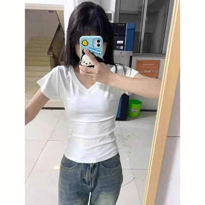A simple straight-shoulder V-neck base layer top