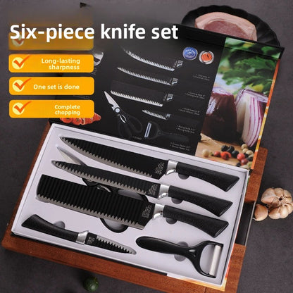 A six-piece set of black-edge kitchen knives