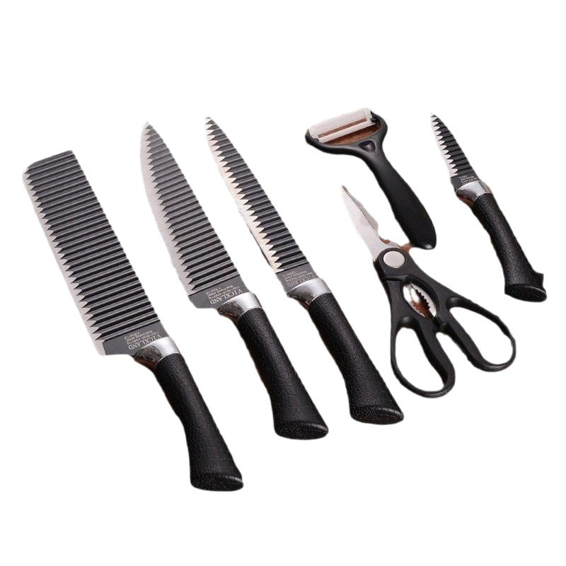 A six-piece set of black-edge kitchen knives
