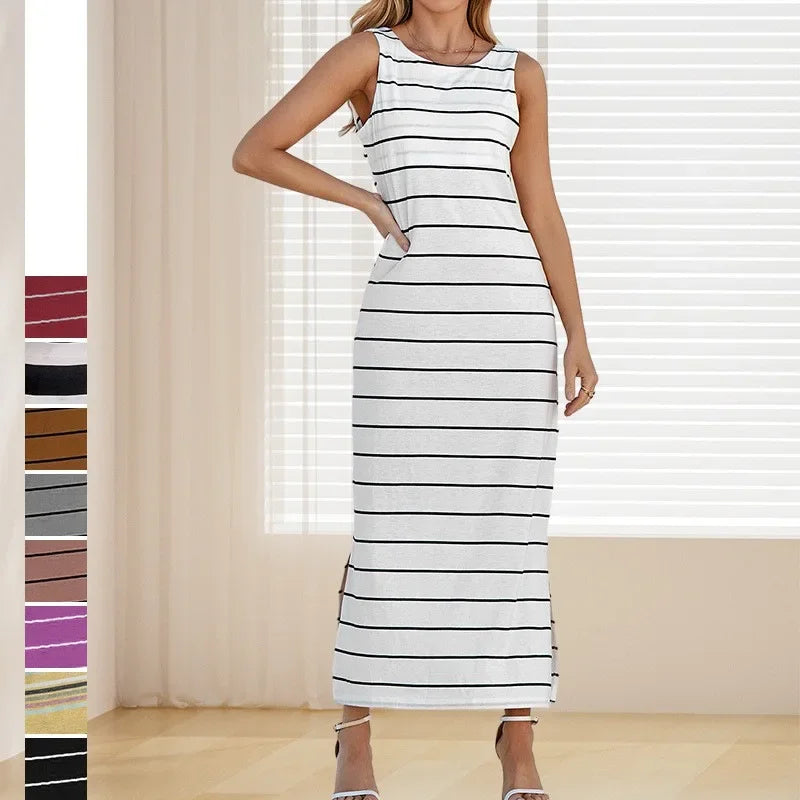 A sleeveless, high-waisted, form-fitting, low-necked long dress
