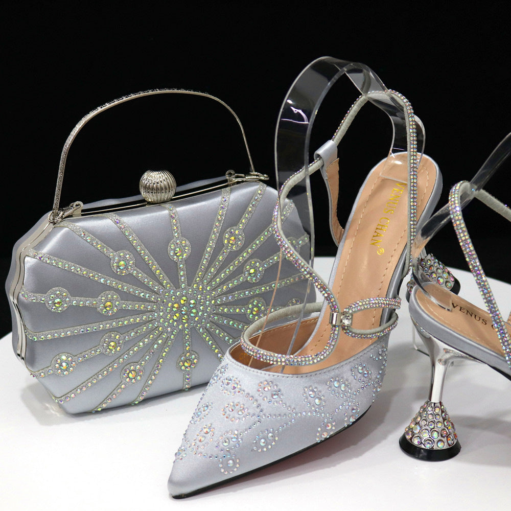 A square box handbag paired with thin-heeled pointed-toe sandals for women