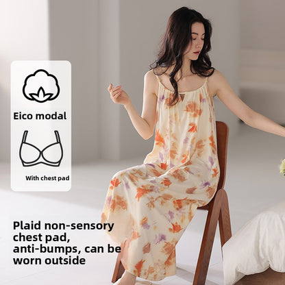 A thin nightgown with a chest pad for women