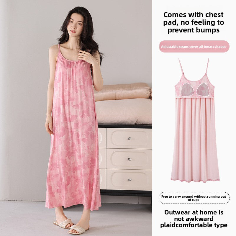 A thin nightgown with a chest pad for women