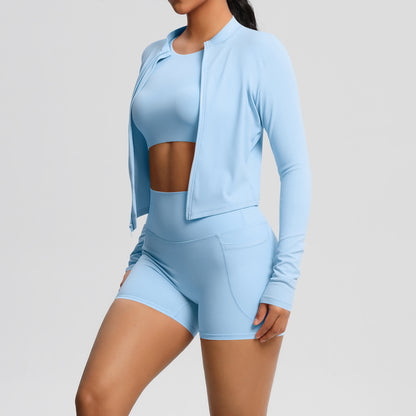 A three-piece yoga fitness suit for women