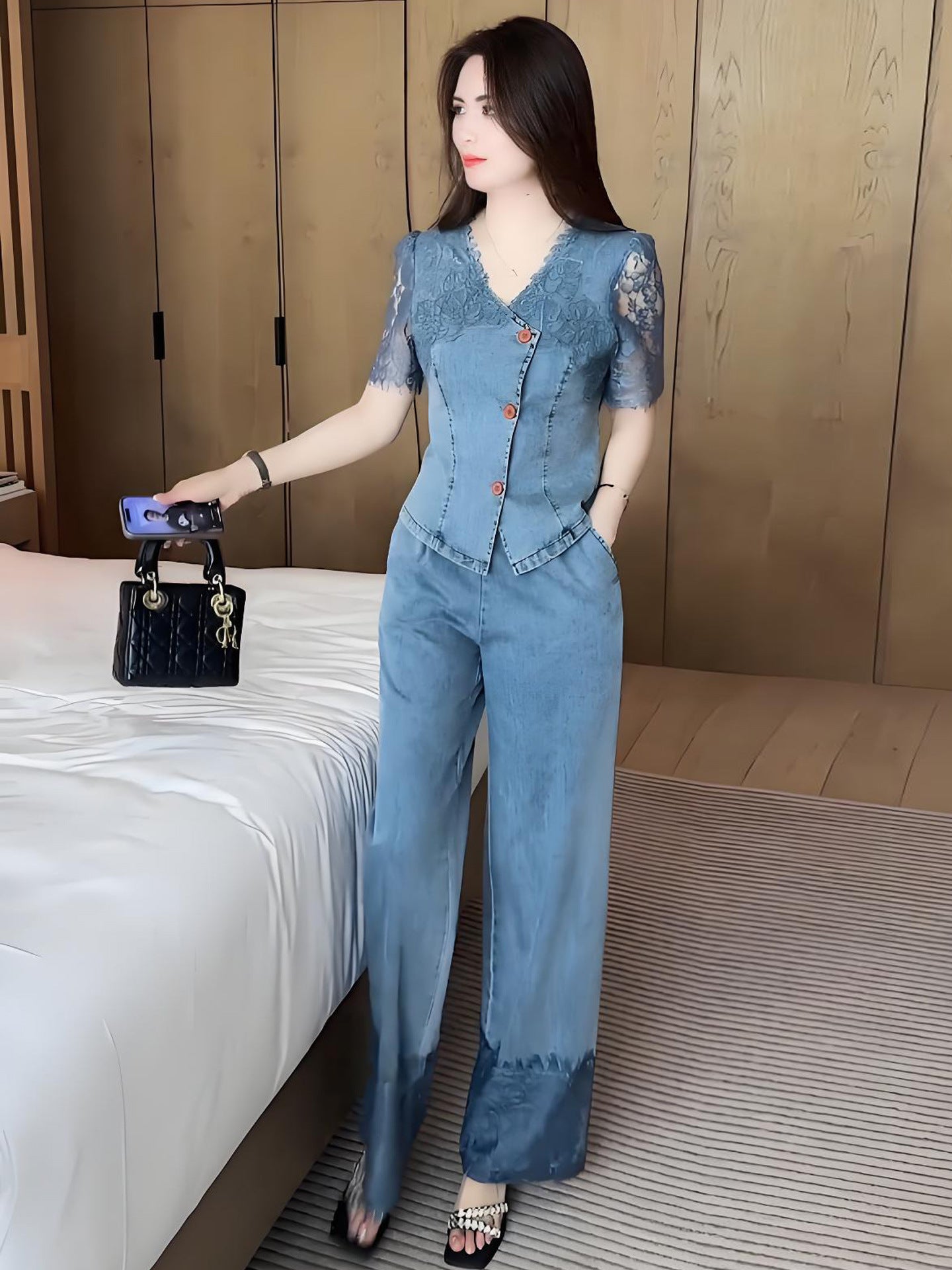 A two-piece set of denim shirt and wide-leg pants for a youthful look