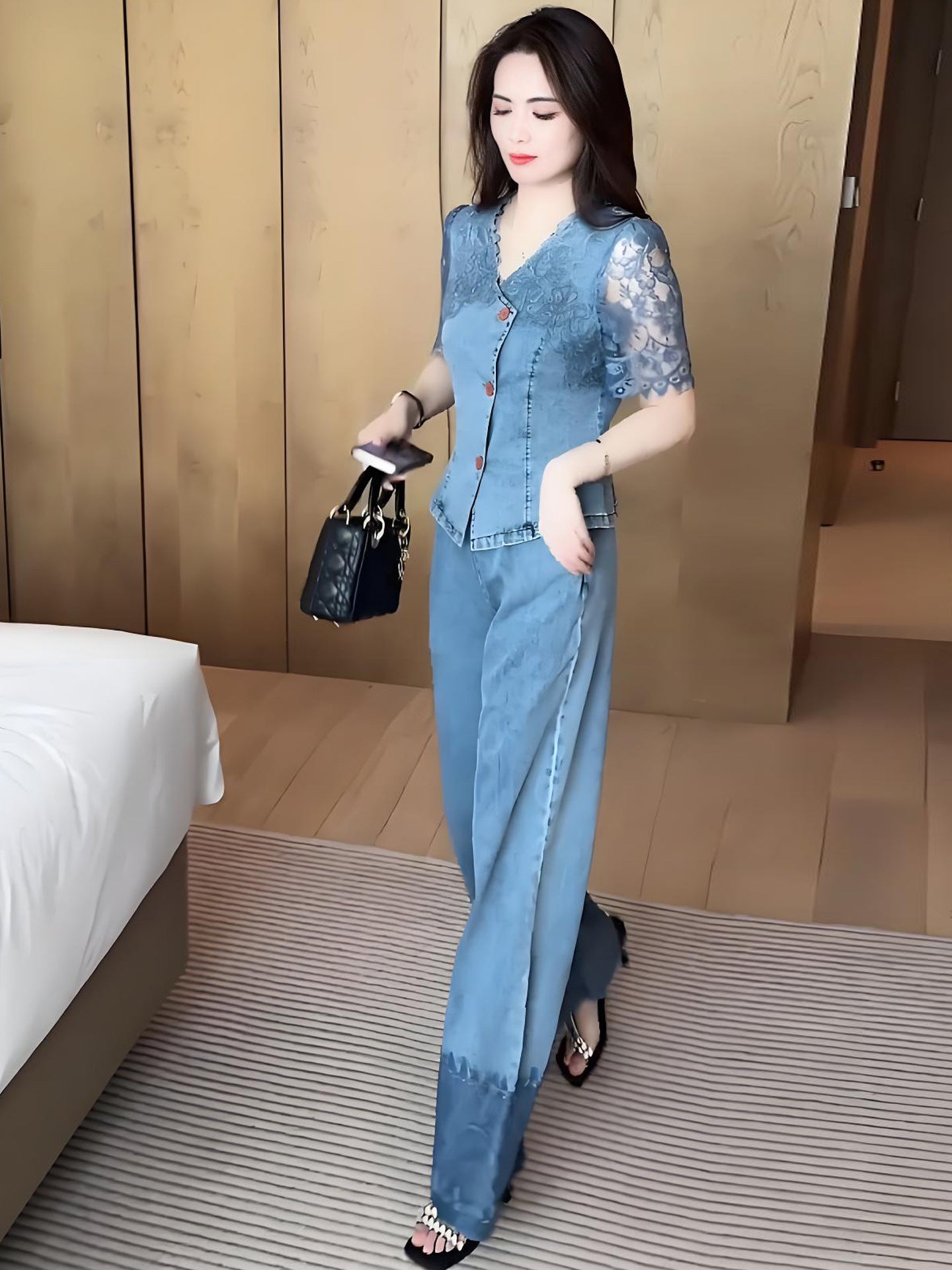 A two-piece set of denim shirt and wide-leg pants for a youthful look