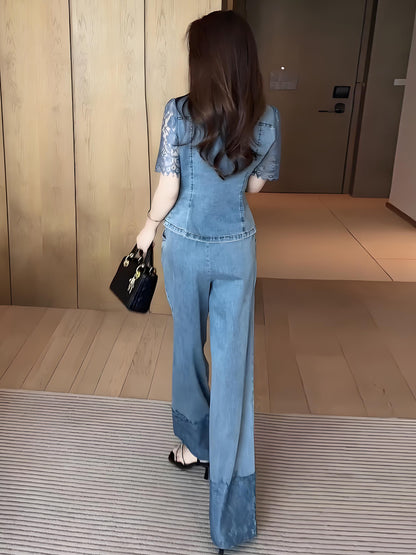 A two-piece set of denim shirt and wide-leg pants for a youthful look