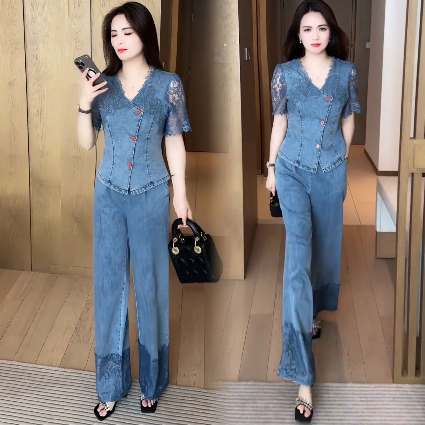 A two-piece set of denim shirt and wide-leg pants for a youthful look