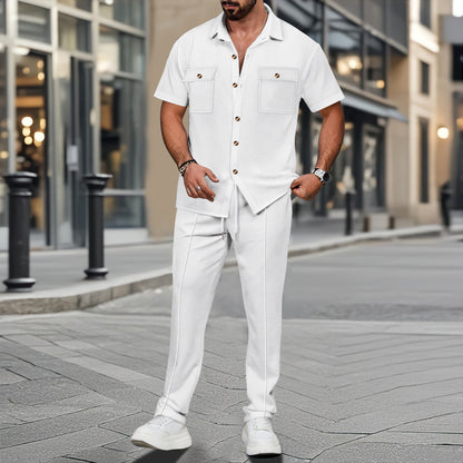 A two-piece short-sleeved shirt and long pants set