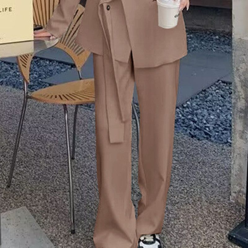 A two-piece suit jacket and wide-leg pants