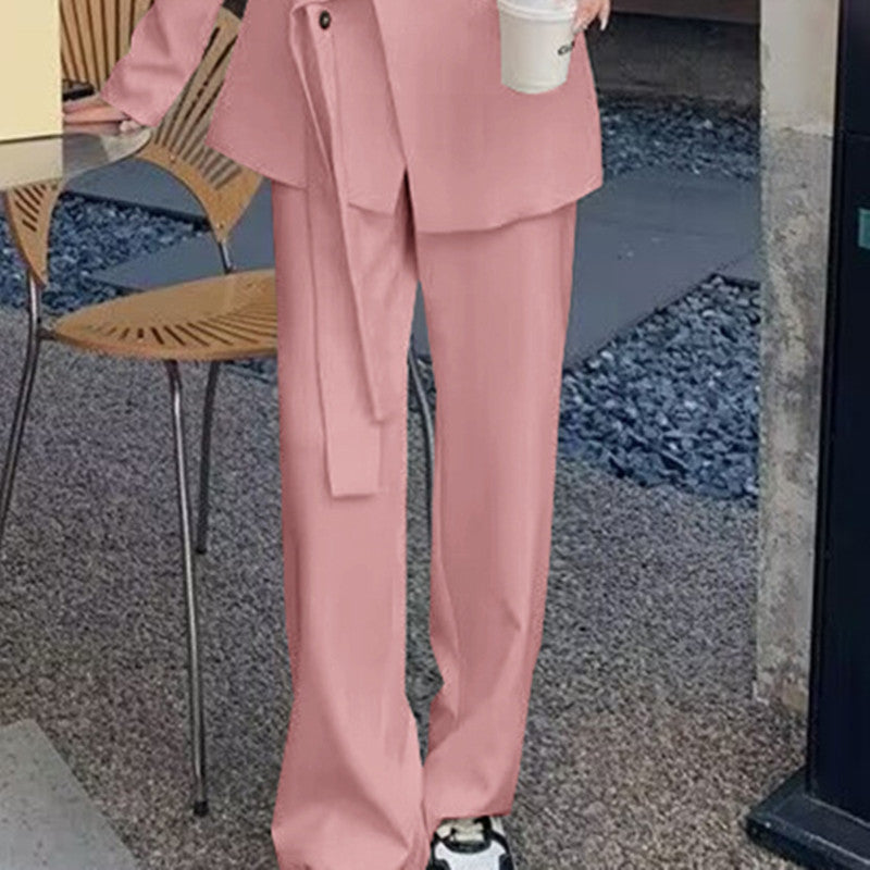 A two-piece suit jacket and wide-leg pants