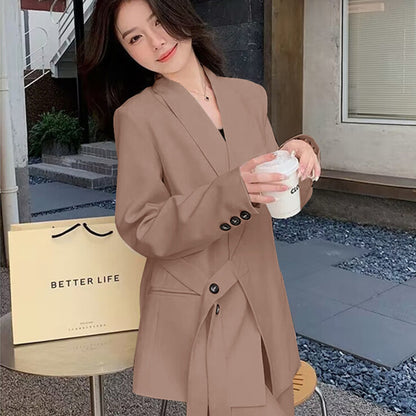 A two-piece suit jacket and wide-leg pants