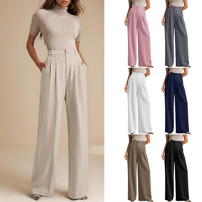 A woman in a high-waisted suit pants