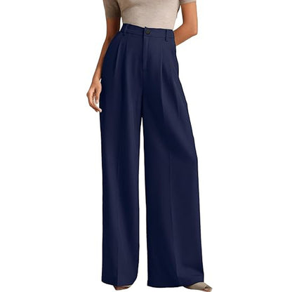A woman in a high-waisted suit pants