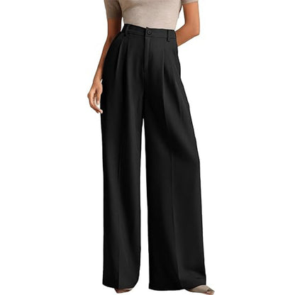 A woman in a high-waisted suit pants