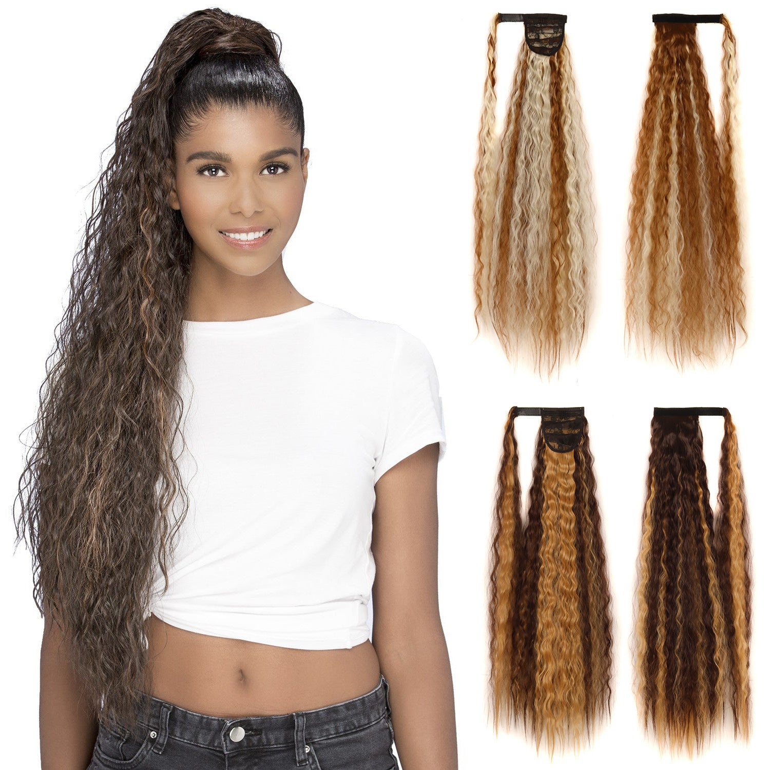 A woman with a wig and a ponytail