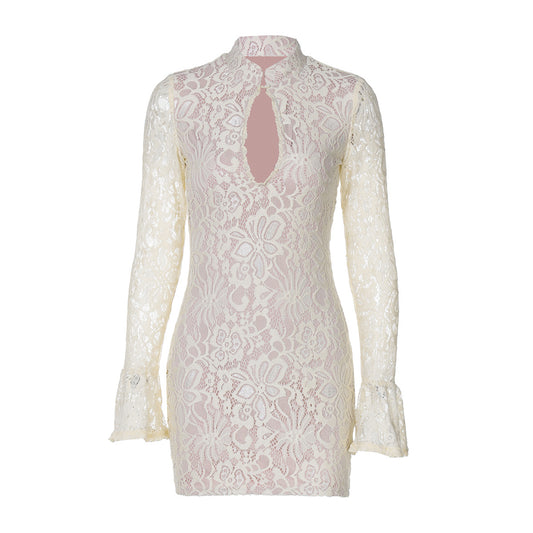 A wrap-around, trumpet-shaped sleeve dress