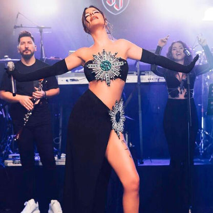 Shiny Rhinestone Tube Top & High Slit Skirt Bandage Suit