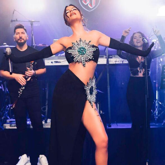Shiny Rhinestone Tube Top & High Slit Skirt Bandage Suit