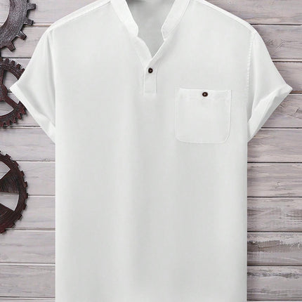 Men’s Casual Short-Sleeve Solid-Color Shirt Turn-Down Collar