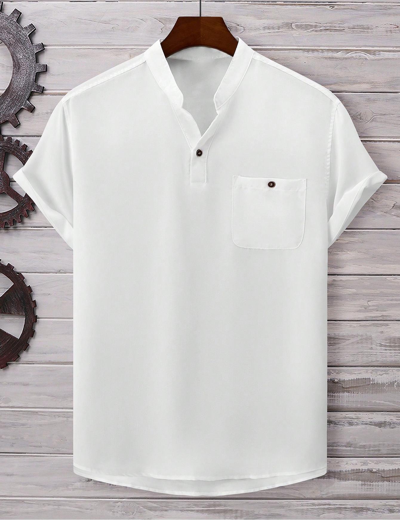 Men’s Casual Short-Sleeve Solid-Color Shirt Turn-Down Collar