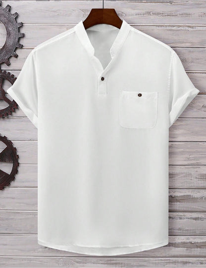 Men’s Casual Short-Sleeve Solid-Color Shirt Turn-Down Collar