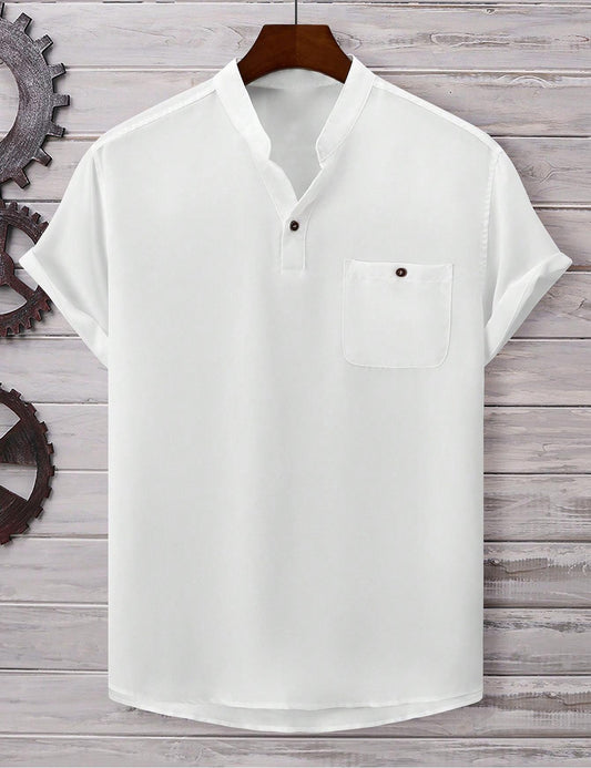 Men’s Casual Short-Sleeve Solid-Color Shirt Turn-Down Collar
