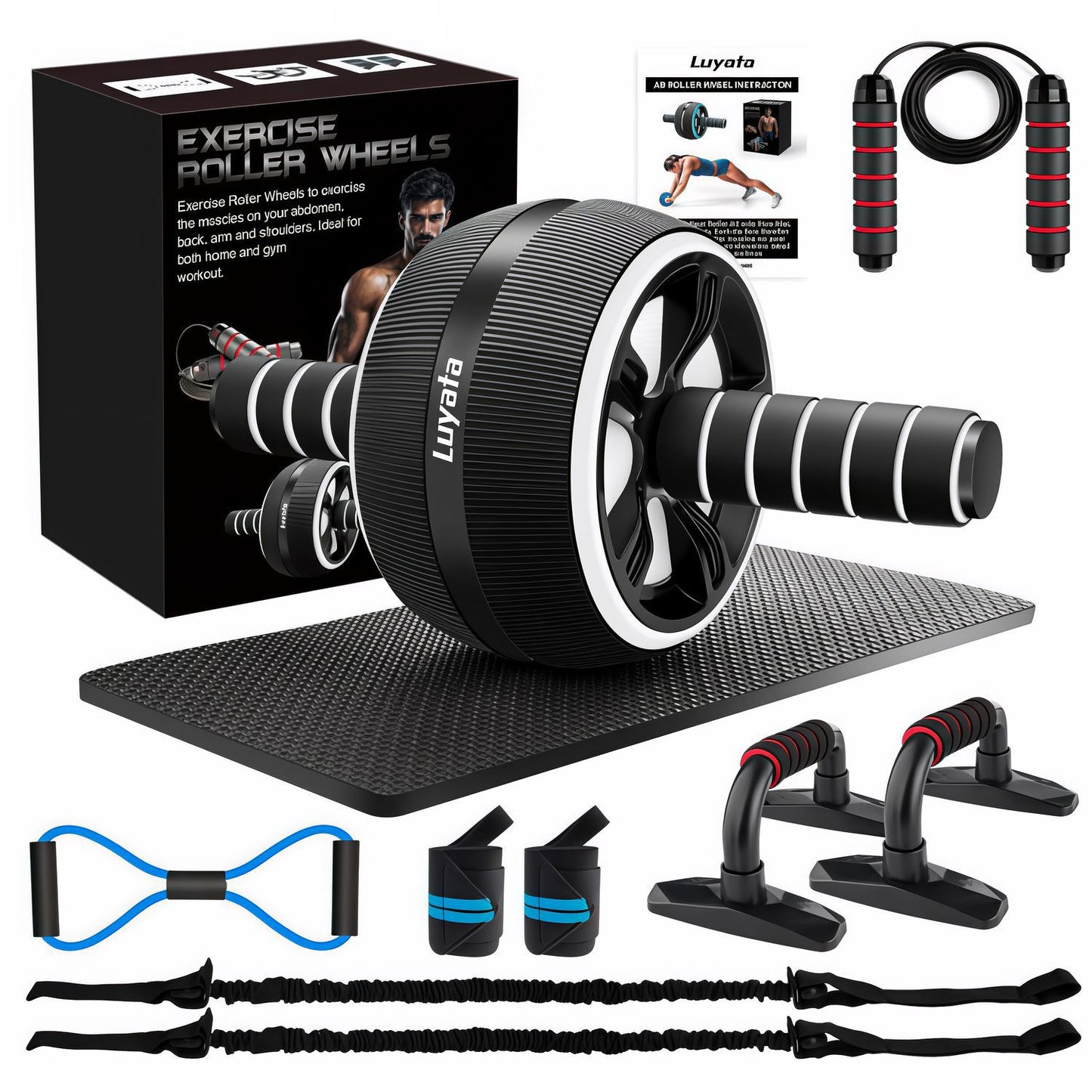 Ab Wheel 7-Piece Set – Indoor Fitness Equipment, Jump Rope, Push-Up Stand