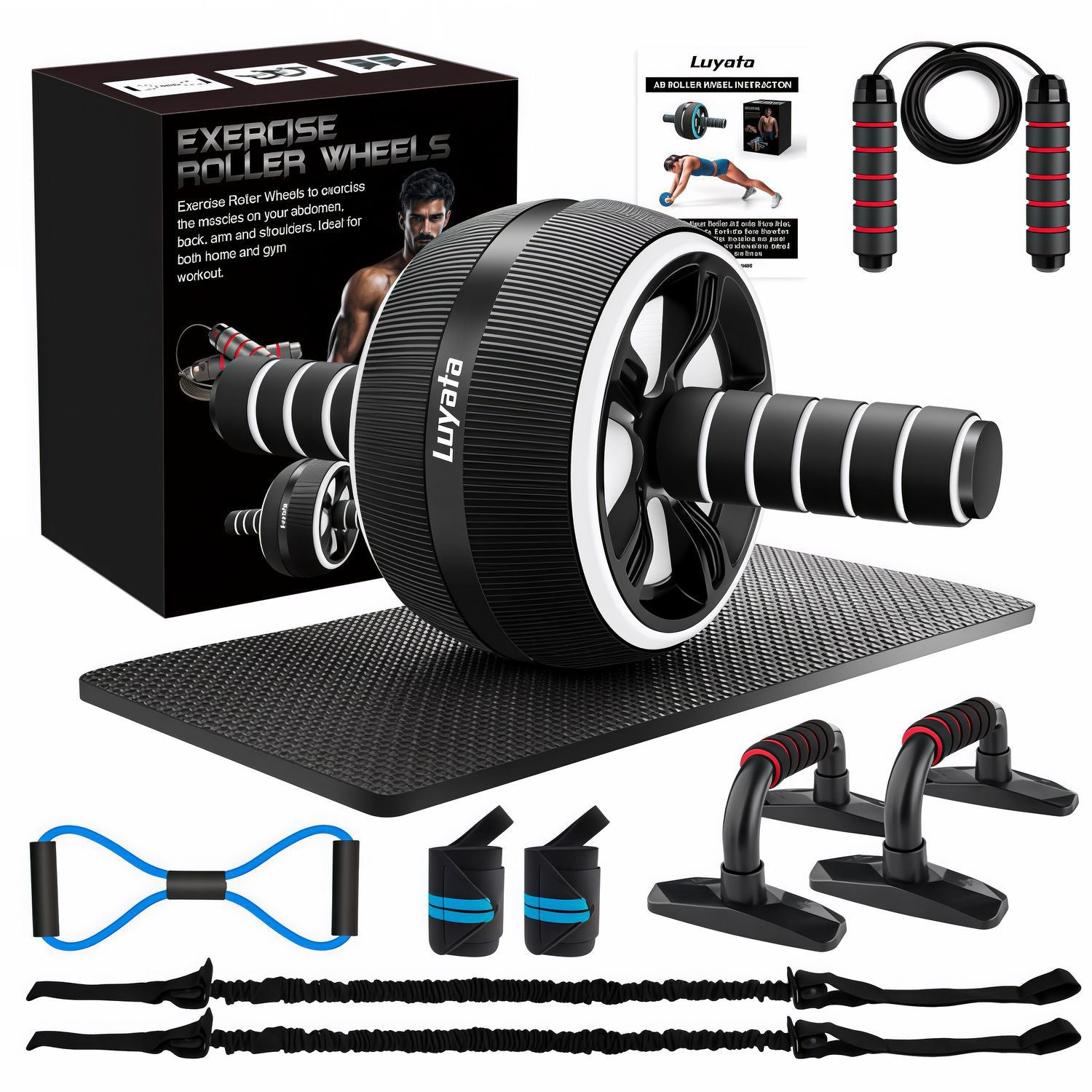 Ab Wheel 7-Piece Set – Indoor Fitness Equipment, Jump Rope, Push-Up Stand