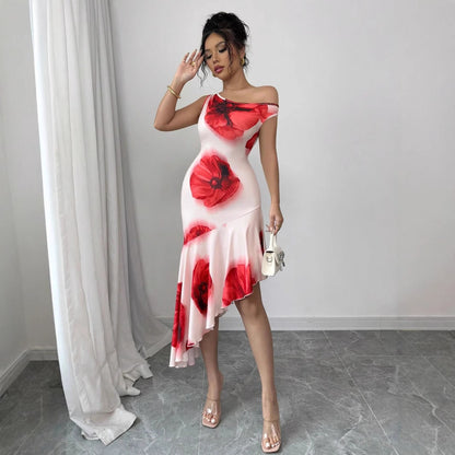 Elegant Figure Flattering Asymmetrical Dress Hibiscus Print