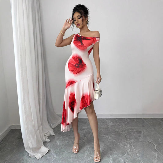Elegant Figure Flattering Asymmetrical Dress Hibiscus Print
