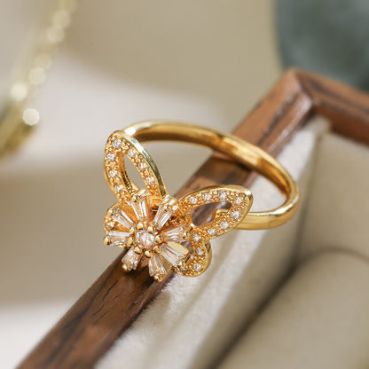 Adjustable Butterfly Zircon Open Ring for Women