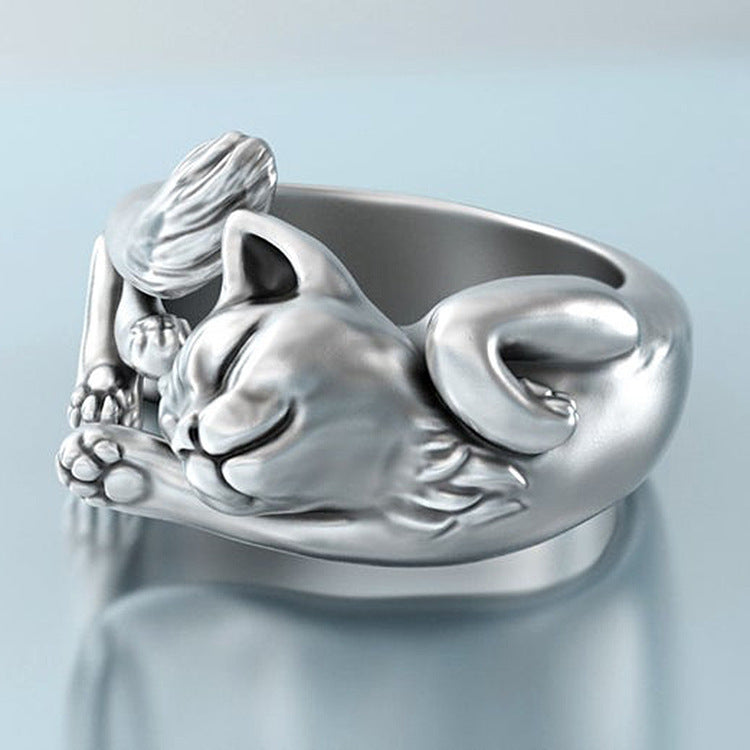Adjustable Cat Totem Silver Plated Ring