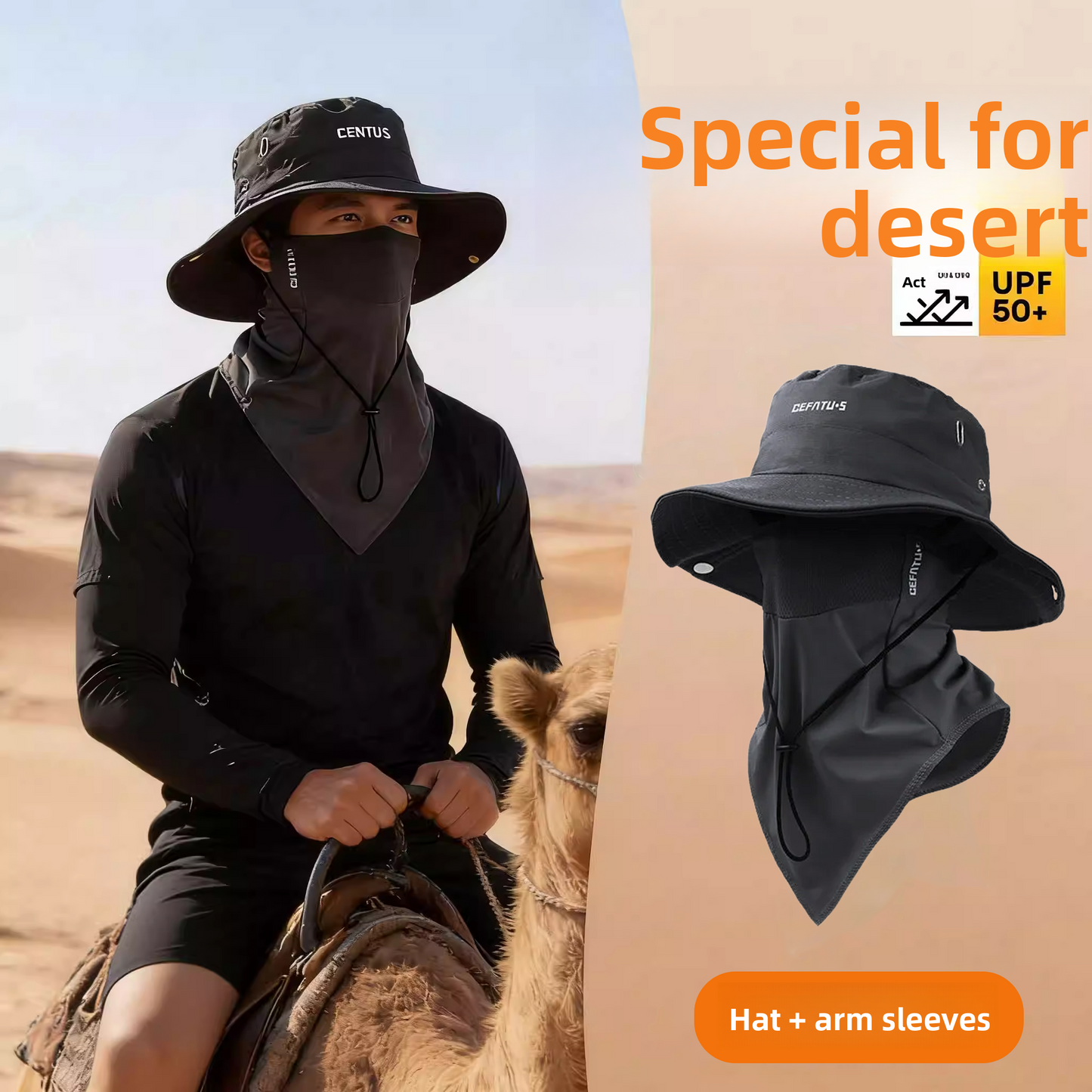 Adjustable Desert Sun Hat with Face Mask and Neck Guard