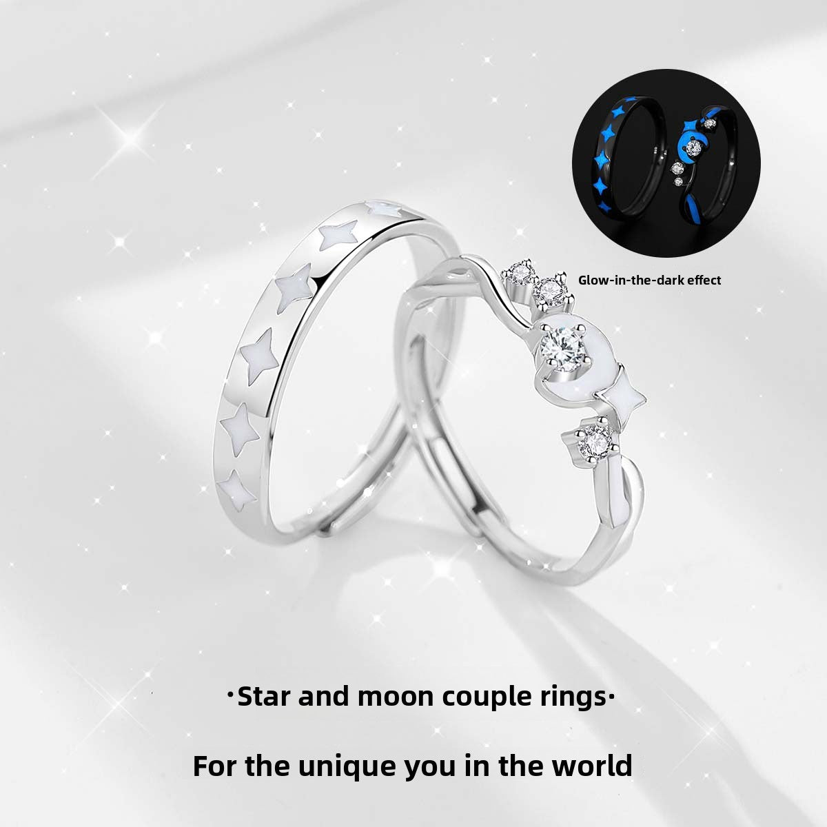 Adjustable Glow Star Moon Sterling Silver Ring