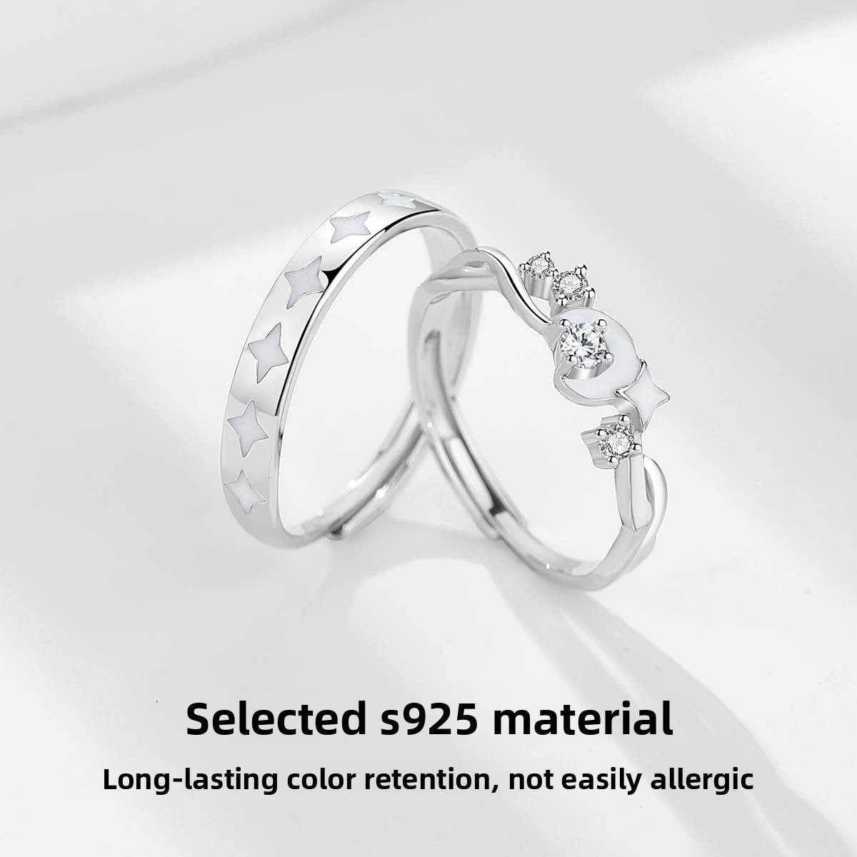 Adjustable Glow Star Moon Sterling Silver Ring
