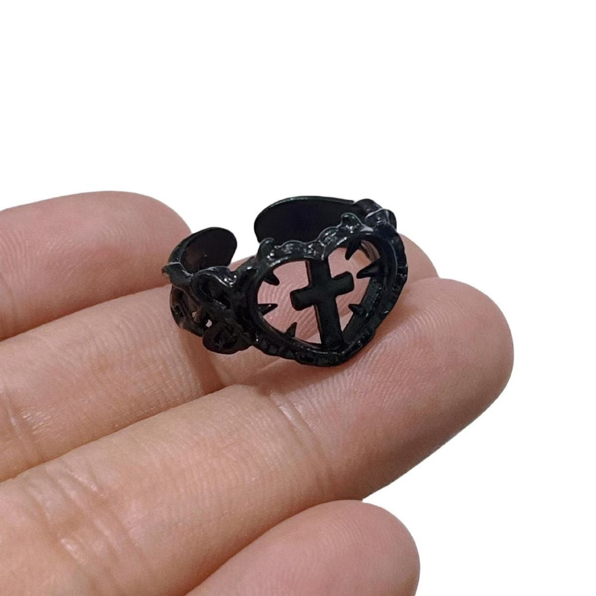 Adjustable Gothic Cross Heart Ring