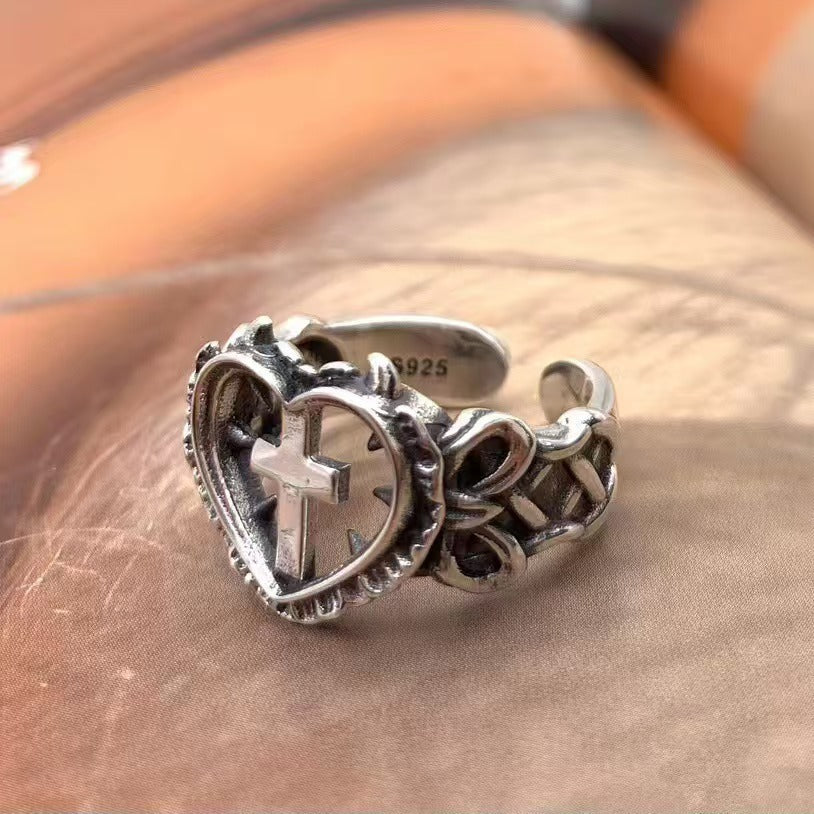 Adjustable Gothic Cross Heart Ring