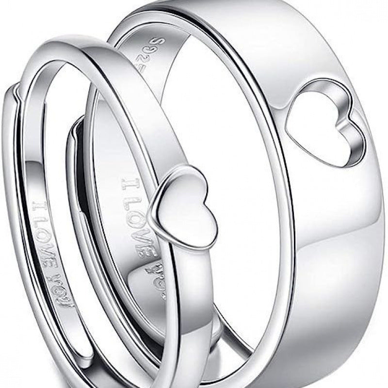 Adjustable Heart Cut Out Couple Ring Silver Plated