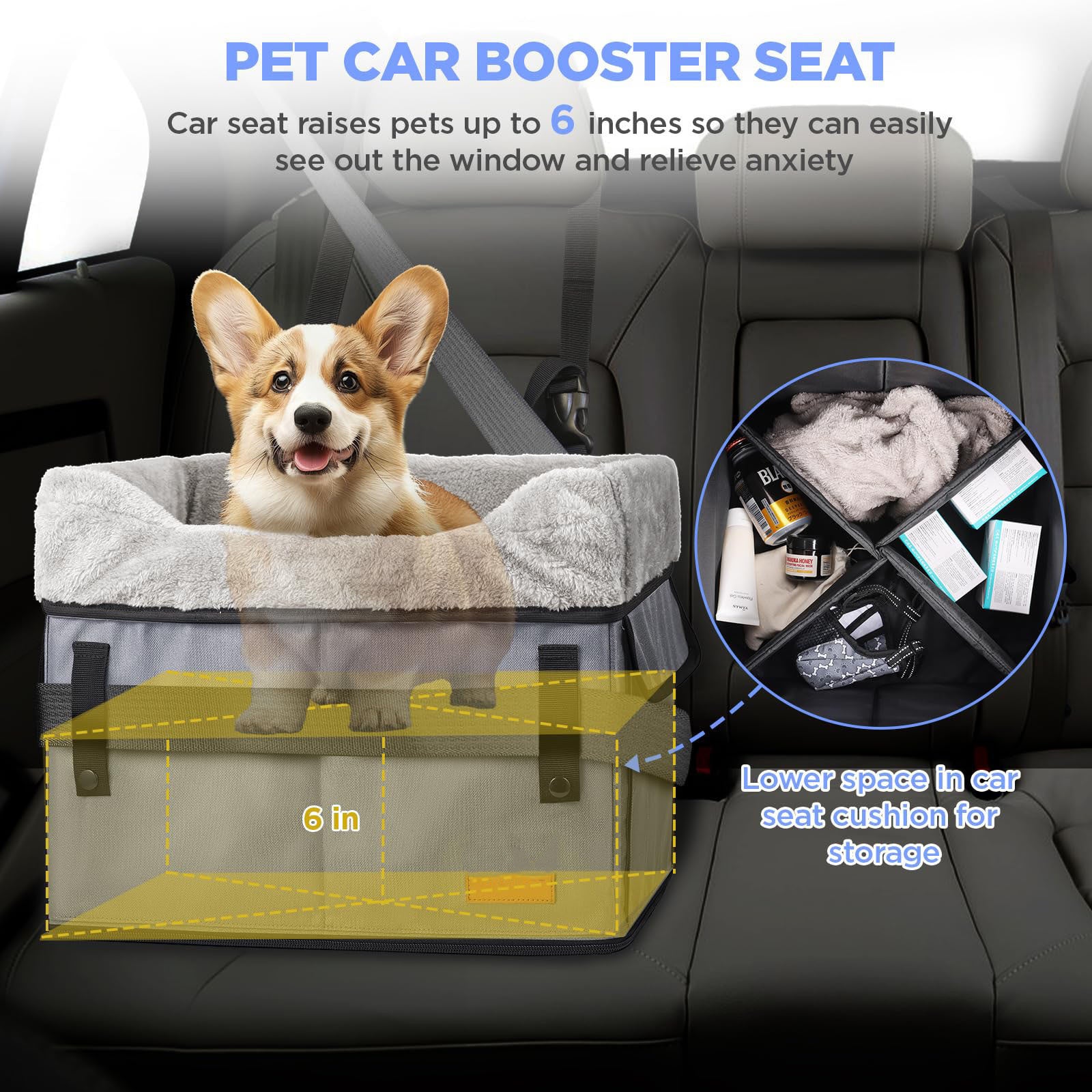 Adjustable Pet Car Booster Seat with Safety Straps