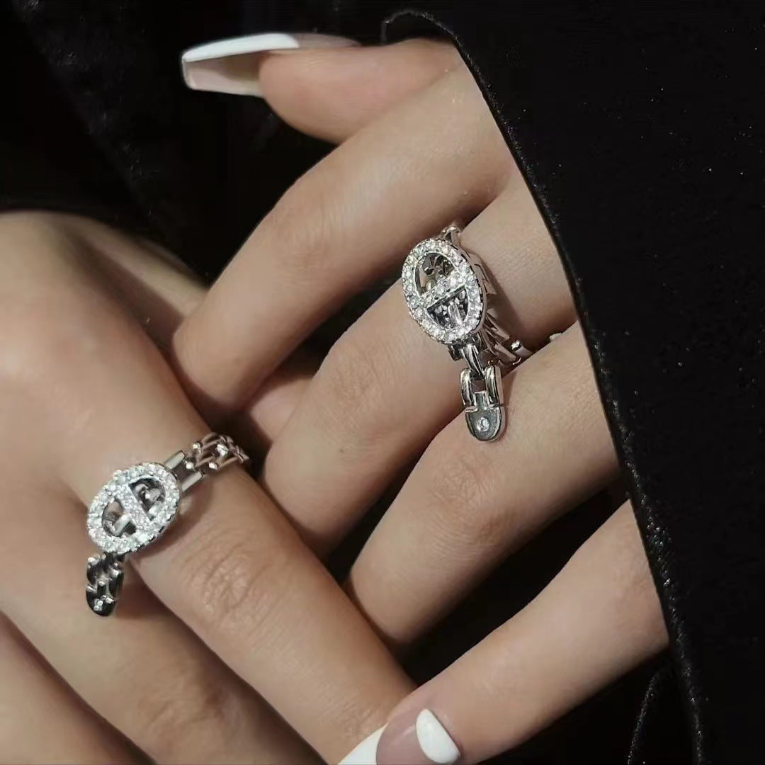 Adjustable Pig Nose Cut-Out Diamond Chain Ring Bracelet Earrings Set
