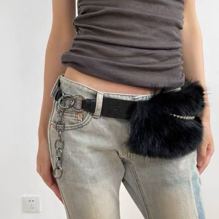 Adjustable Rabbit Fur Waist Belt Retro Y2K Fashion