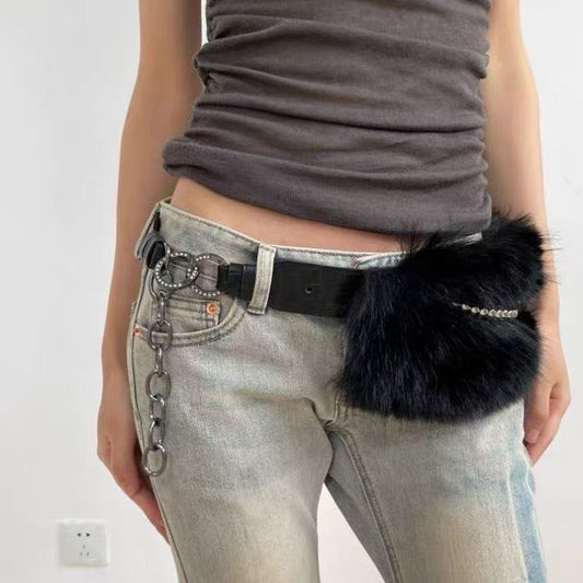 Adjustable Rabbit Fur Waist Belt Retro Y2K Fashion