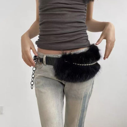 Adjustable Rabbit Fur Waist Belt Retro Y2K Fashion