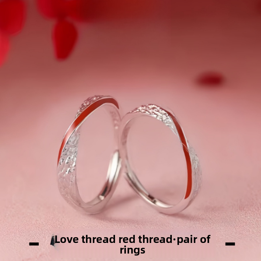 Adjustable Red Silk Thread Sterling Silver Couple Ring