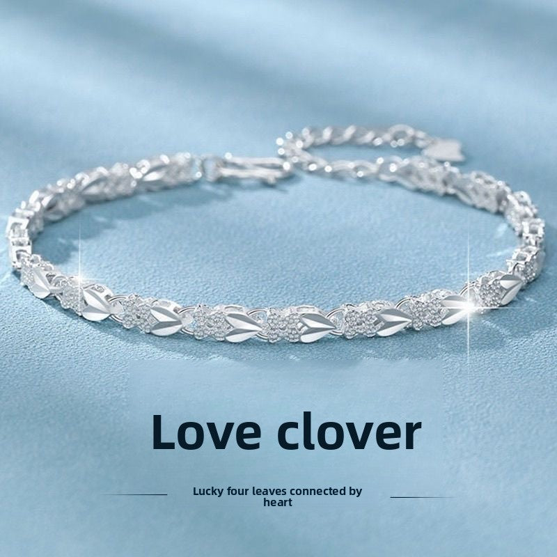 Adjustable Silver Four-Leaf Clover Charm Bracelet for Women
