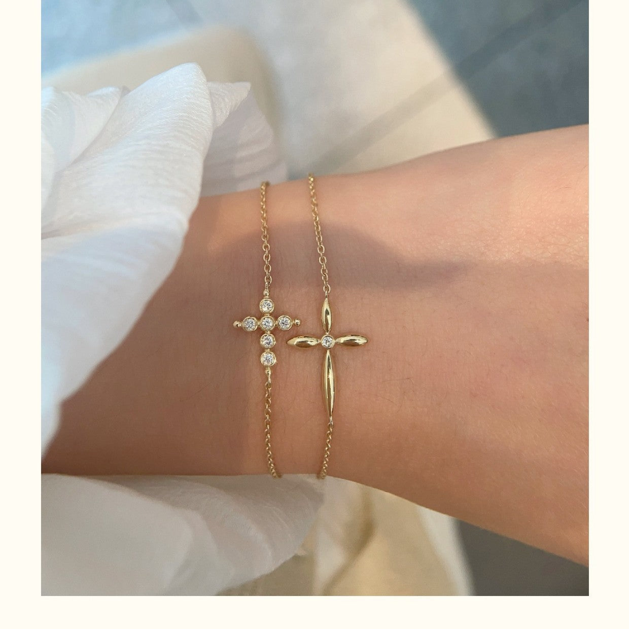 Adjustable Sterling Silver Cross Bracelet with Gold Plating