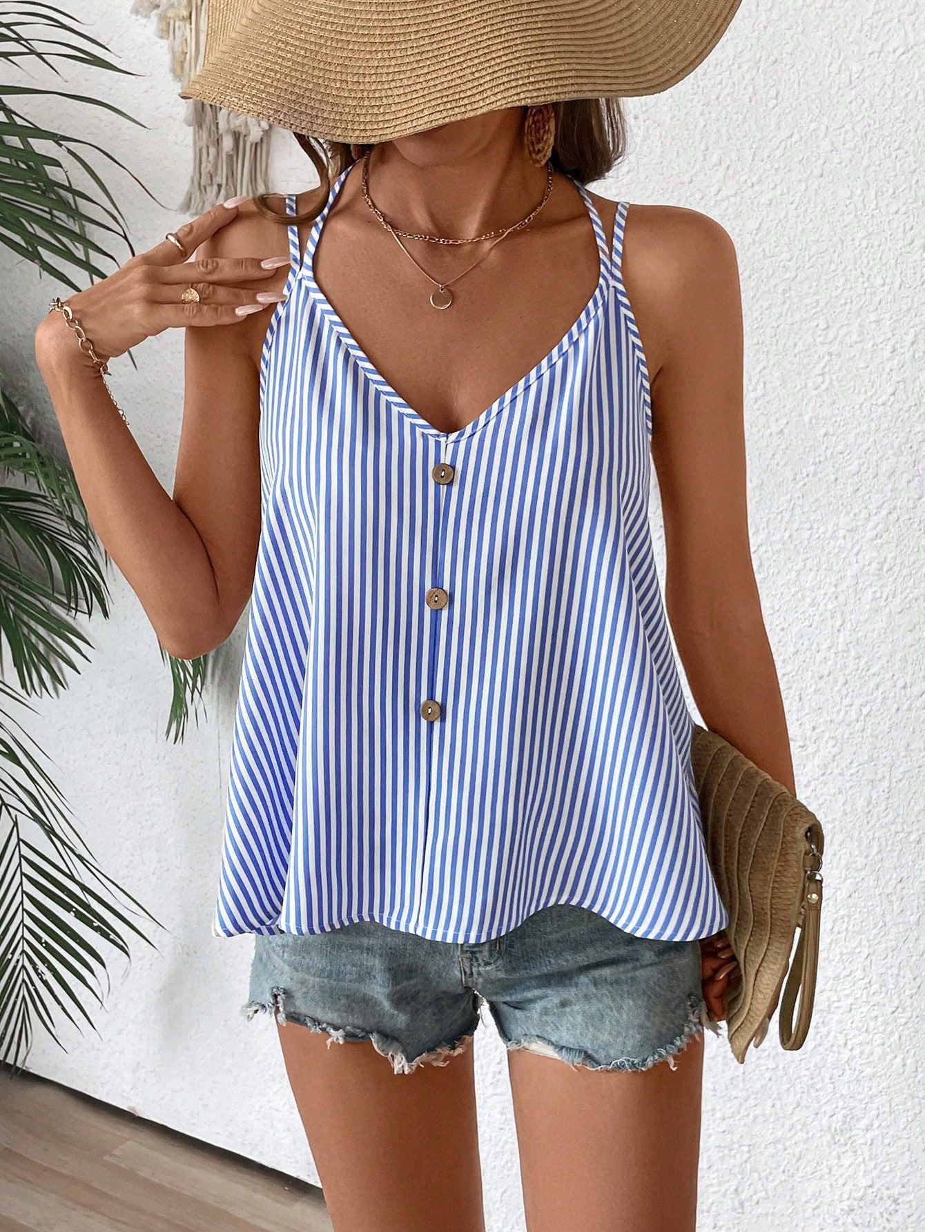 Adjustable Strap Striped Blouse